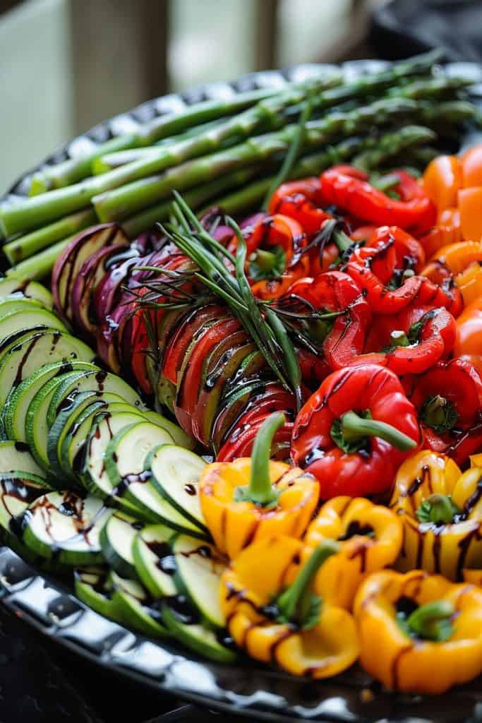 BBQ vegetable platter. Featuring bell peppers, zucchini, and asparagus. With a balsamic glaze.