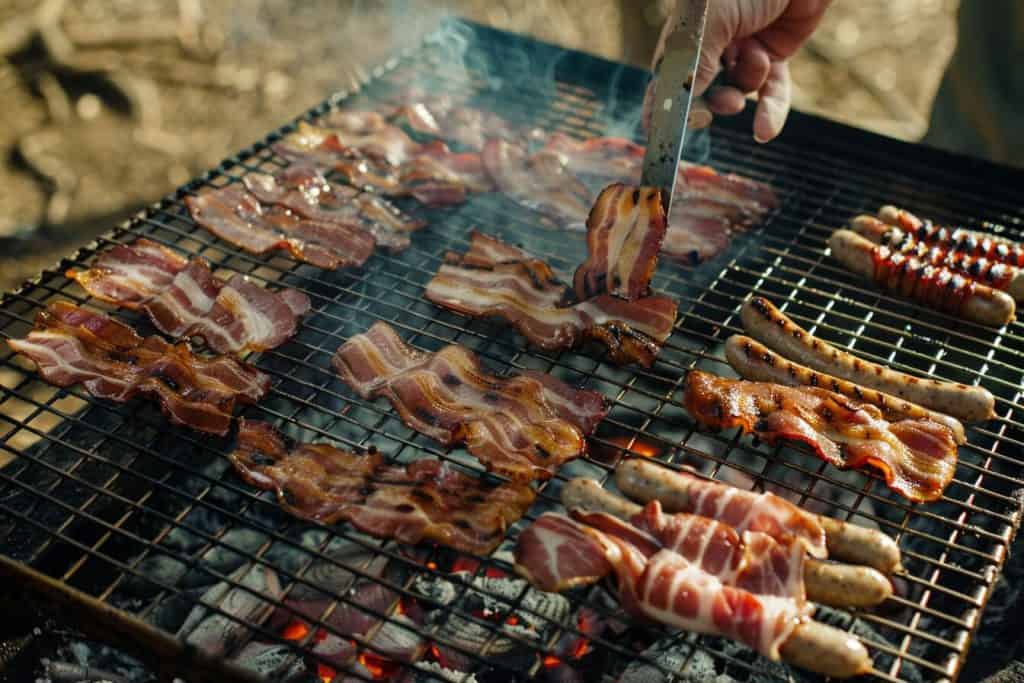 A person arranging bacon strips and sausages on a grill.