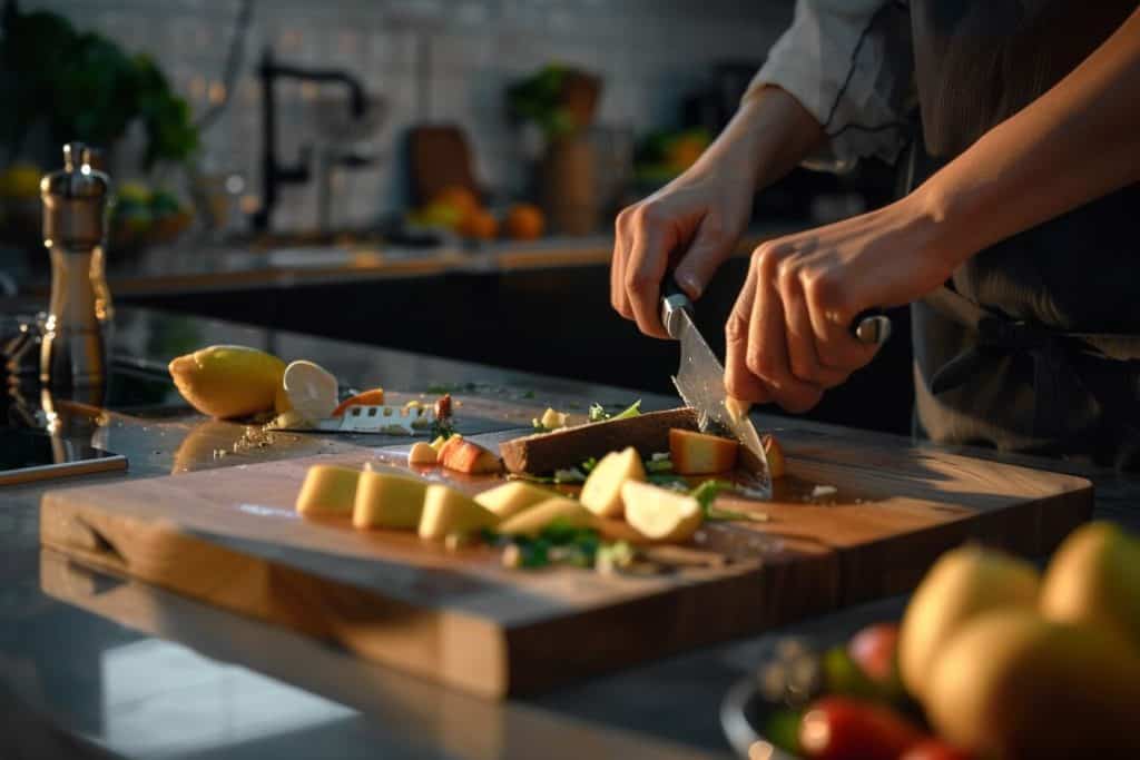 A person cuts food on a cutting board.