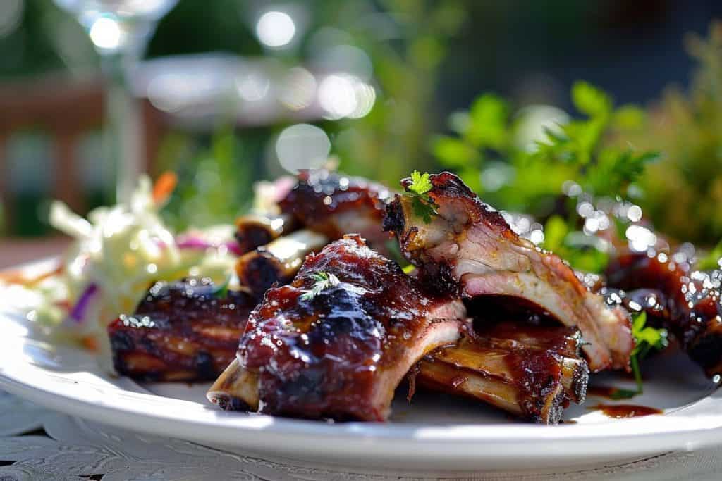 A plate of succulent BBQ ribs with a side of coleslaw.