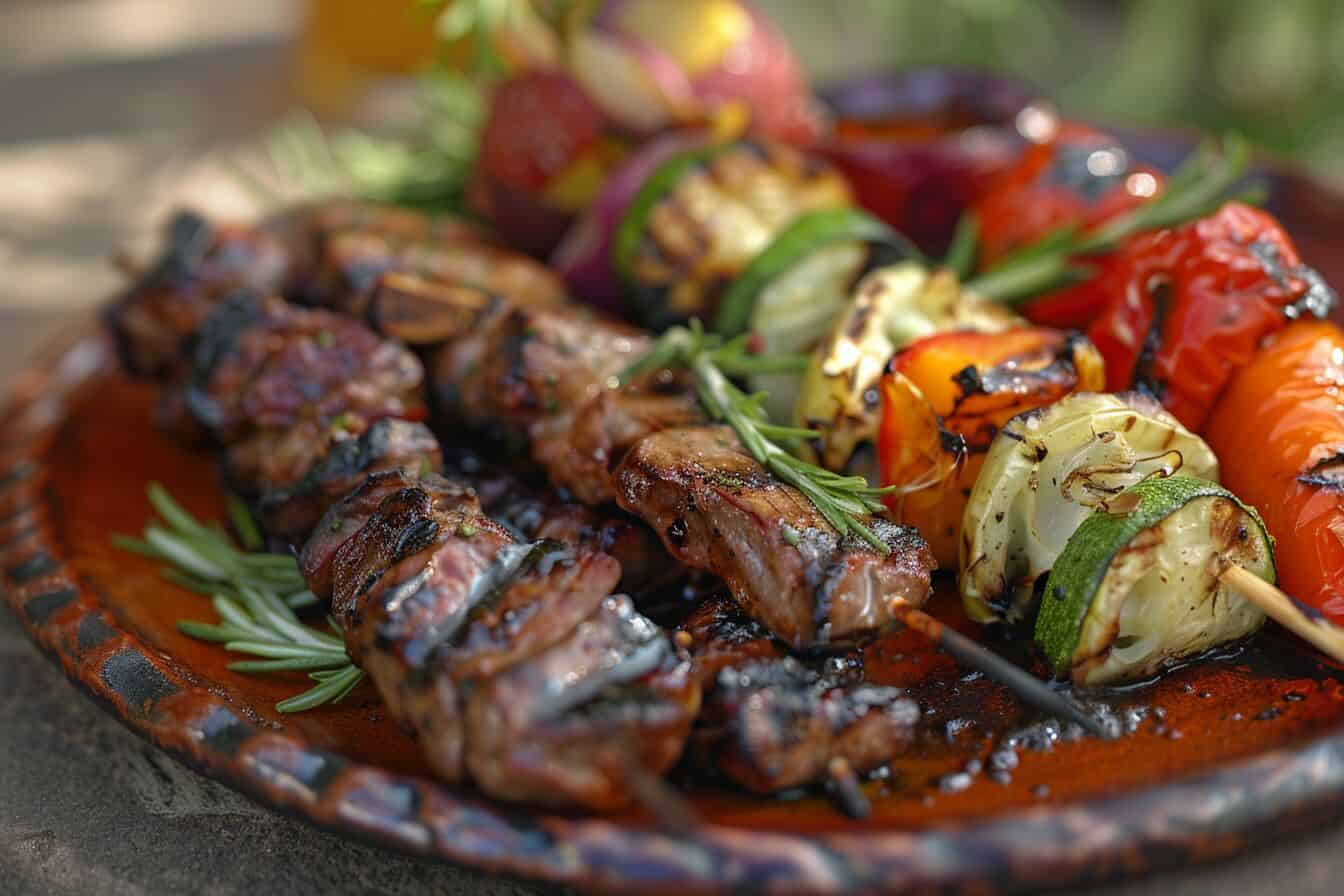 A plate of assorted skewered BBQ meats and grilled vegetables.