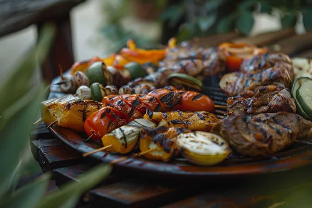 A plate with assorted BBQ meats and grilled vegetables.
