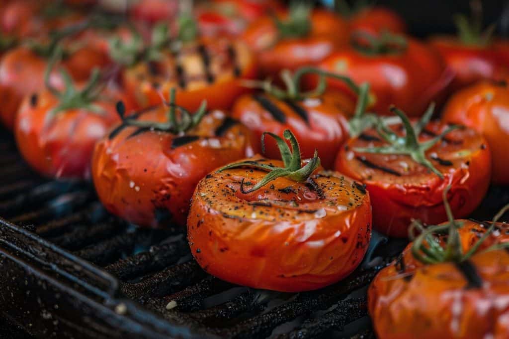 Grilled tomatoes on an outdoor BBQ.