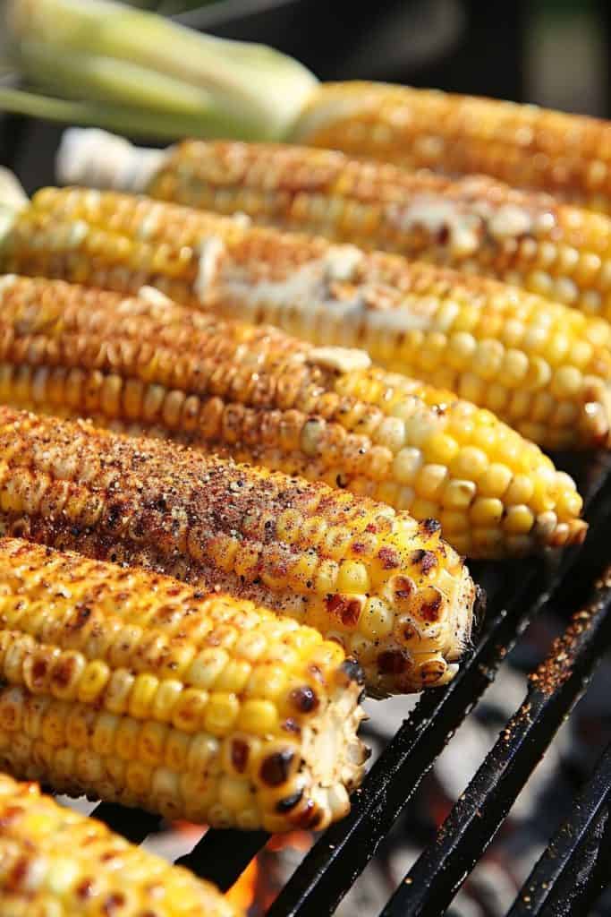 Grilled BBQ corn on the cob. Brushed with butter and sprinkled with chili powder.