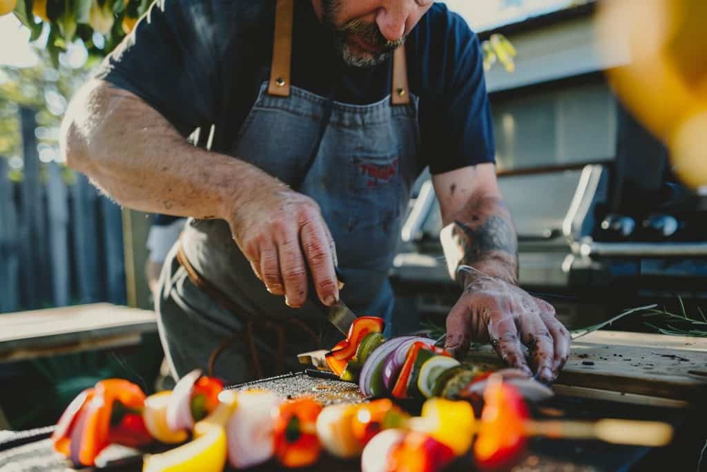 A pitmaster preparing skewered bell peppers and onions for the grill.