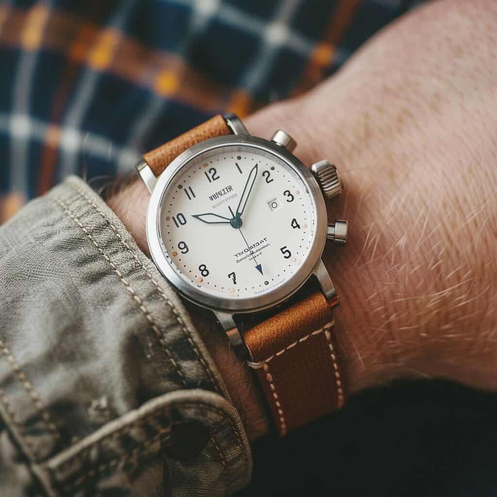 A close up of a weekender wrist watch on a mans wrist.