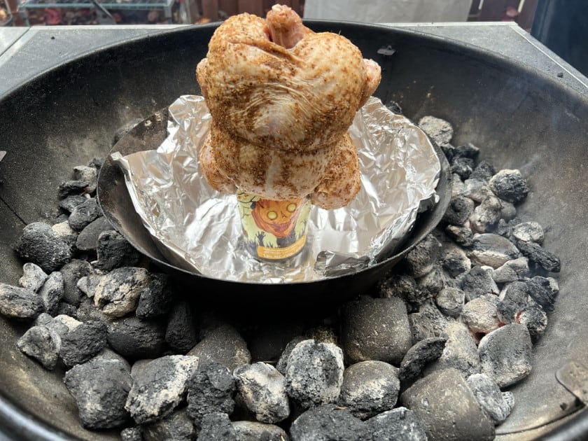 Beer can chicken on the Weber Kettle grill.