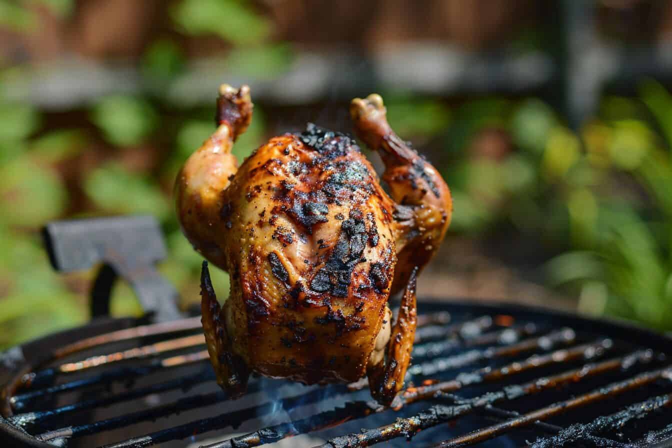 Beer can chicken on the Weber kettle grill.