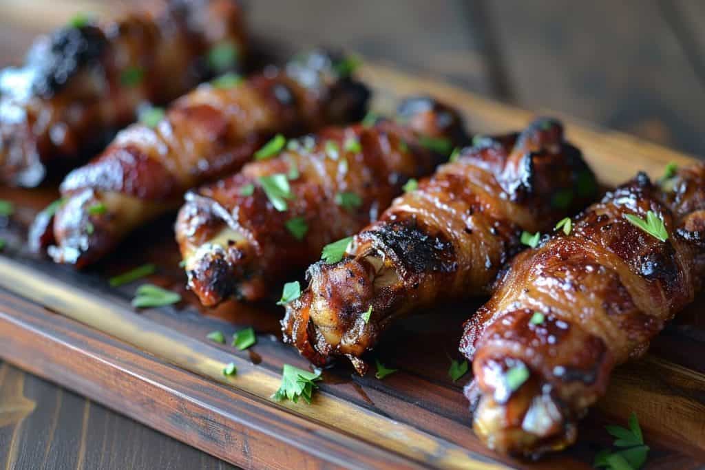 Candied bacon wrapped chicken wings.