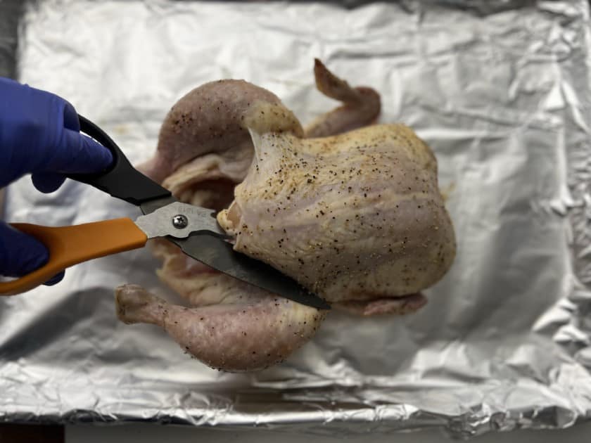 Bull frogging a chicken with kitchen shears. 