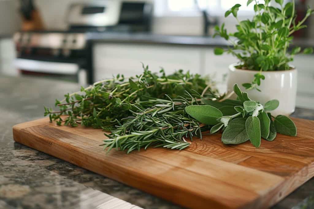 Freshly picked herbs rosemary, thyme, and sage sitting on a cutting board.