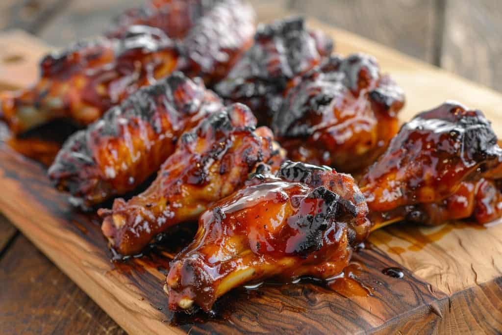 Sticky Canadian chicken wings on a cutting board.