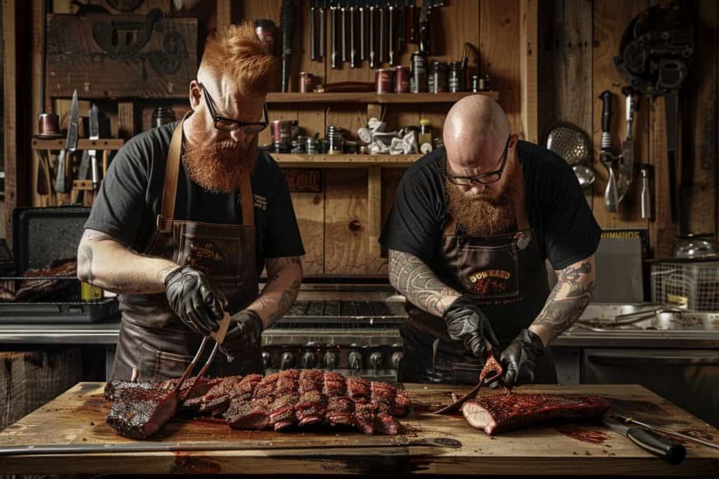 Two pitmasters are seasoning beef brisket on a rustic table.