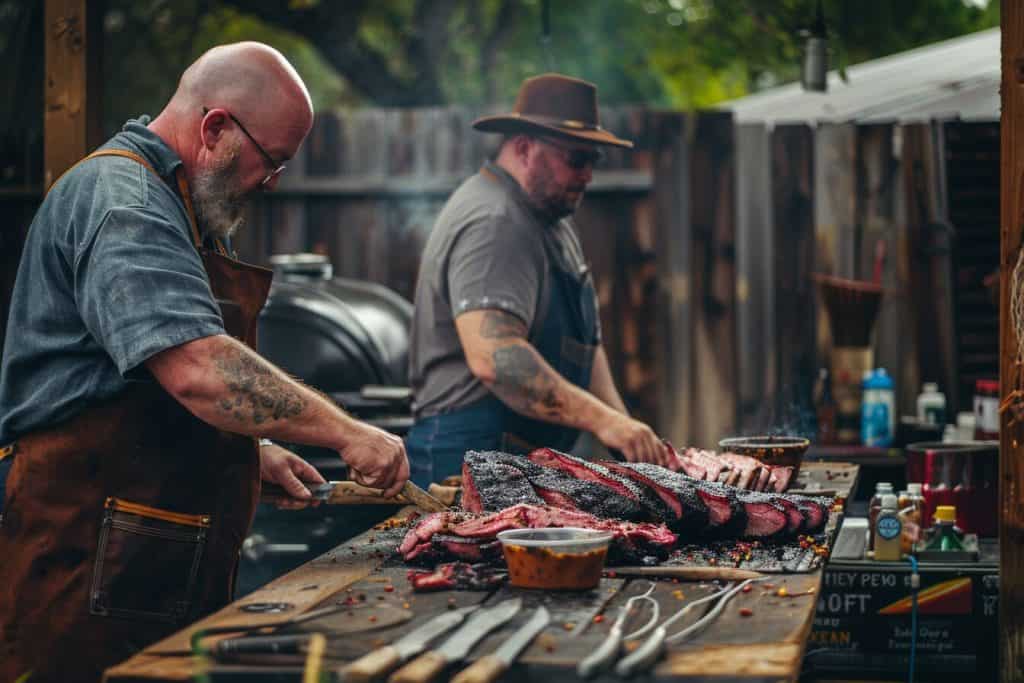 Two pitmasters cutting meat on a rustic table.
