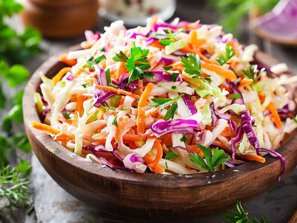 Vibrant and colorful coleslaw in a rustic bowl topped with fresh herbs.